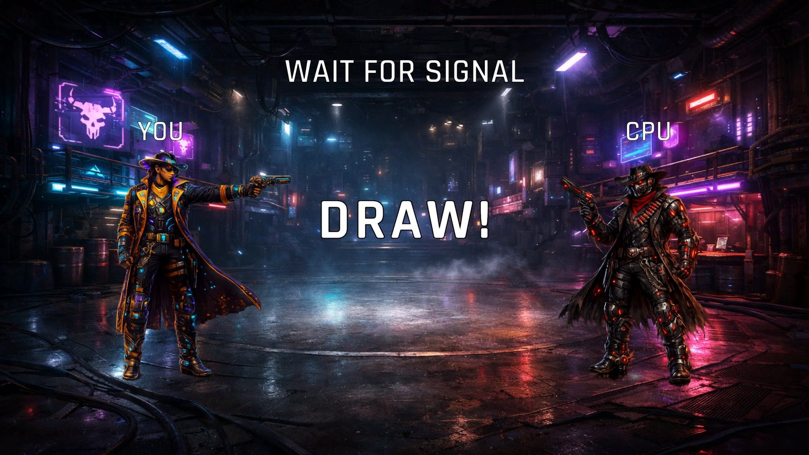 Deadlock Reaction Duel gameplay showing two cyberpunk gunslingers waiting for the draw signal