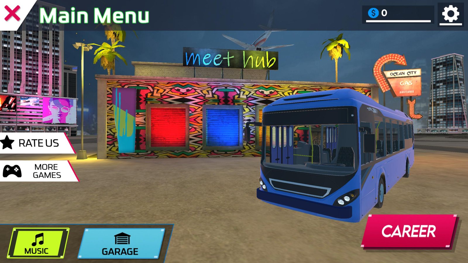 Ultimate Bus Coach Simulator main menu with a blue bus