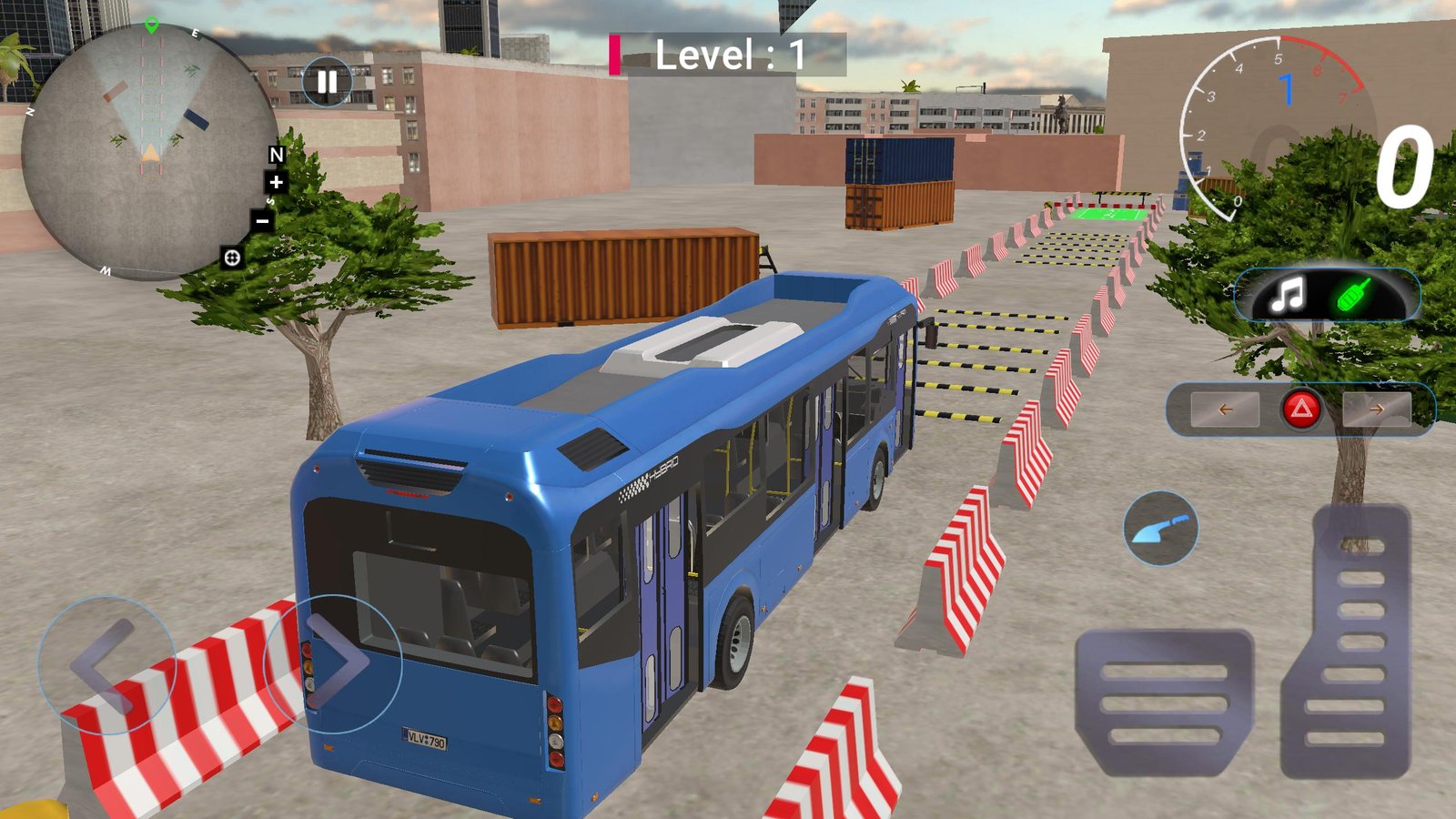 Ultimate Bus Coach Simulator parking-mode gameplay with a blue bus navigating an obstacle course