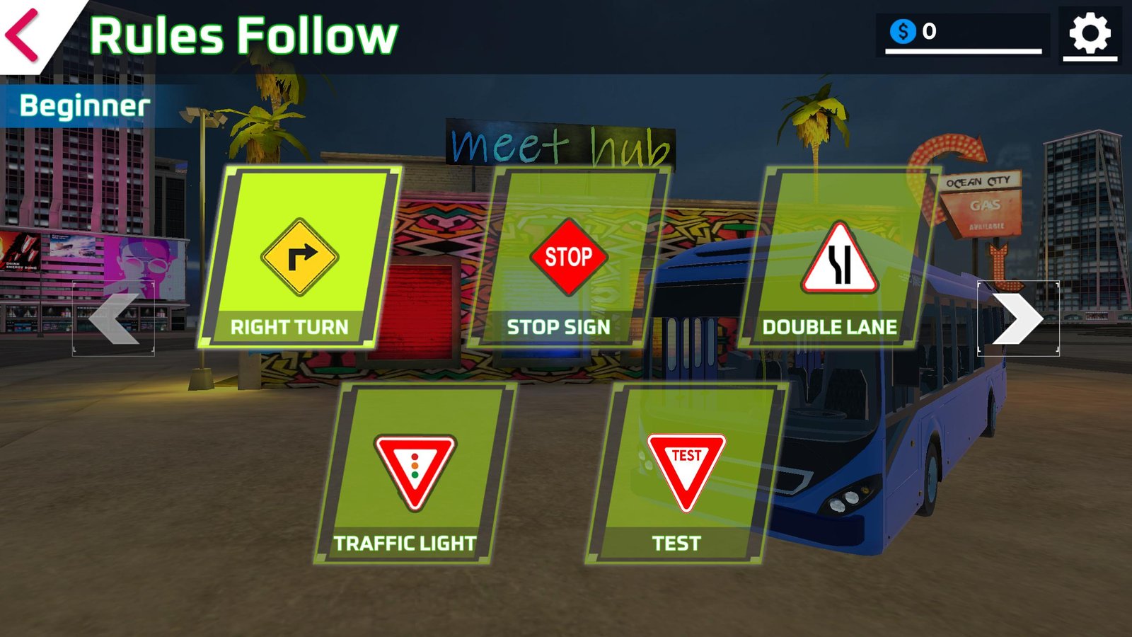 Ultimate Bus Coach Simulator traffic-rule level-selection screen