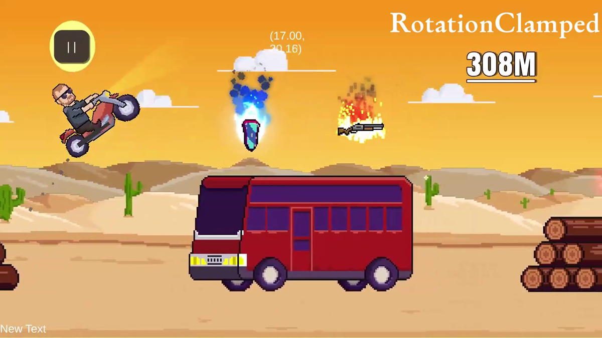 Charles On Chain gameplay showing a motorcycle rider jumping over a bus in a desert environment