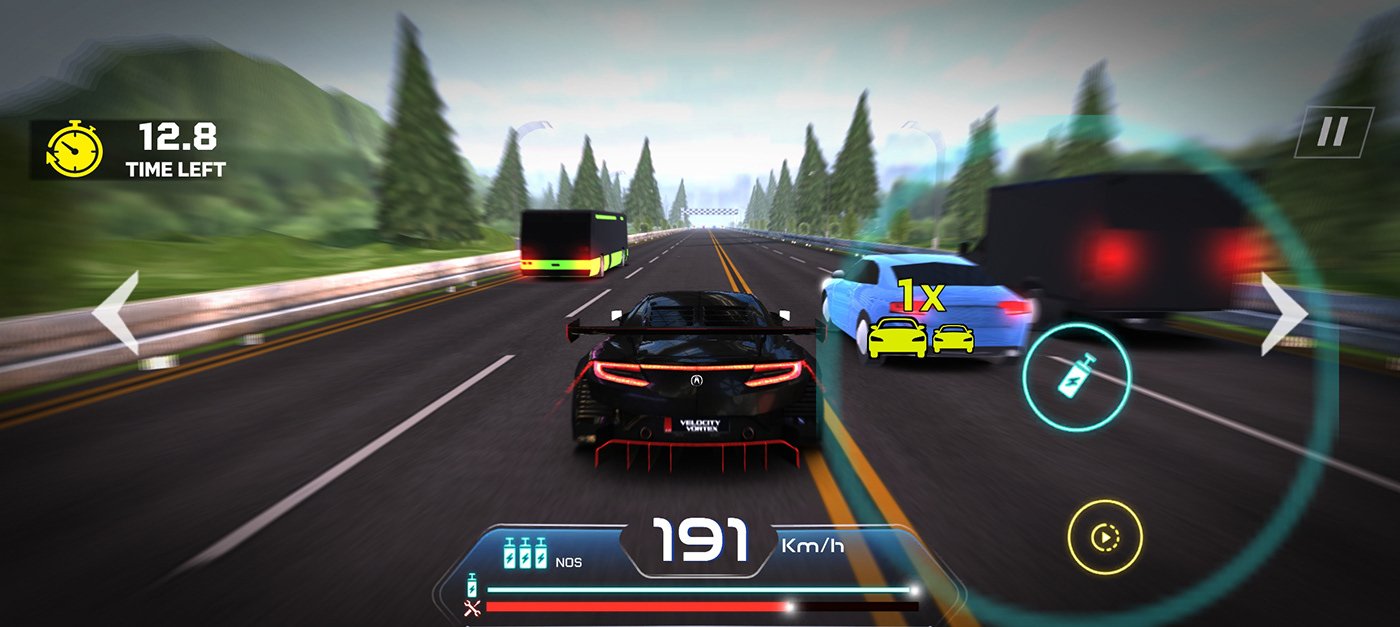 Velocity Vortex gameplay showing a car racing through highway traffic