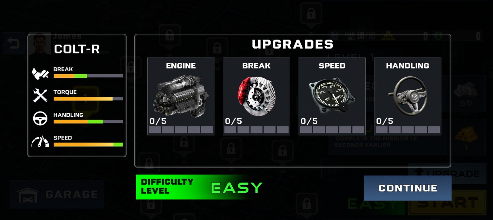 Velocity Vortex vehicle tuning screen showing engine, brake, speed, and handling upgrades