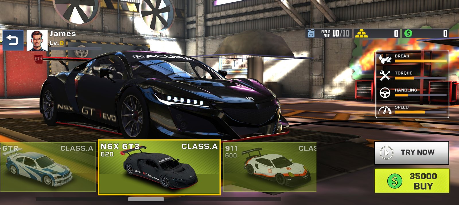 Velocity Vortex garage screen with sports car selection and performance stats