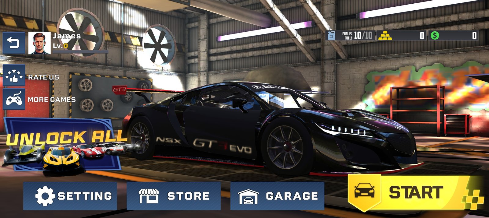 Velocity Vortex main menu in a garage with a sports car and start button