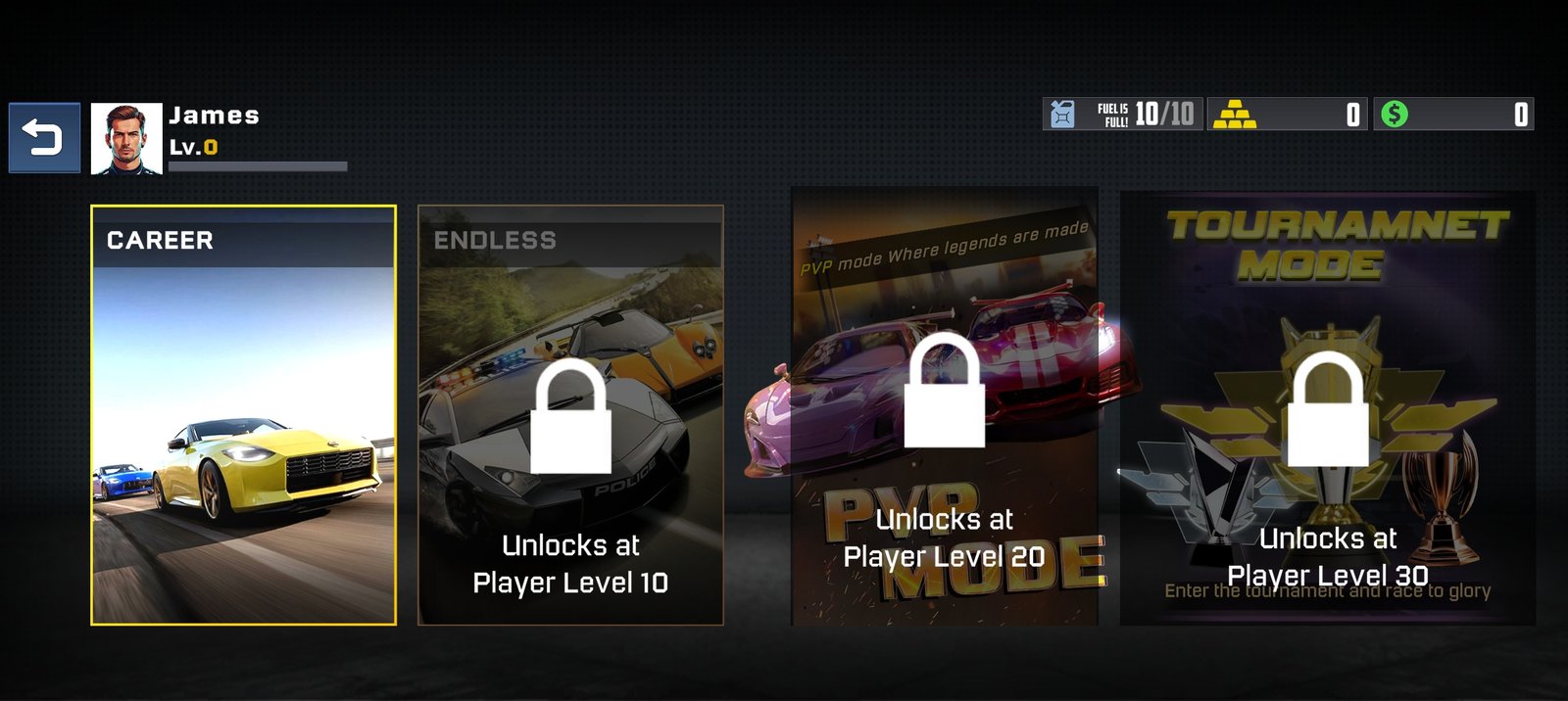 Velocity Vortex career, endless, PvP, and tournament mode selection screen